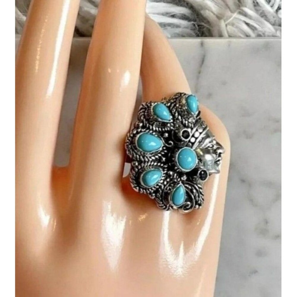 Native American Chief Ring Sleeping Beauty Turquoise, Sapphire, 925 Silver SZ 5